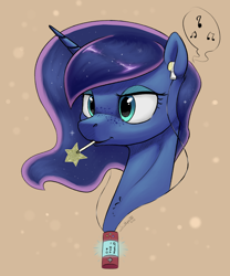 Size: 2500x3000 | Tagged: safe, artist:silverhopexiii, character:princess luna, species:pony, chest fluff, earbuds, female, freckles, mare, music notes, solo