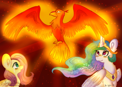 Size: 4900x3500 | Tagged: safe, artist:compassrose0425, character:fluttershy, character:philomena, character:princess celestia, species:alicorn, species:pegasus, species:phoenix, species:pony, episode:a bird in the hoof, g4, my little pony: friendship is magic, abstract background, big ears, blushing, crying, ethereal mane, female, galaxy mane, jewelry, looking up, mare, open mouth, regalia, trio