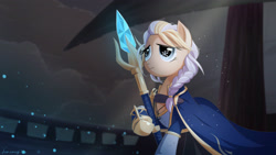 Size: 3200x1800 | Tagged: safe, artist:jeremywithlove, species:earth pony, species:pony, blizzard entertainment, clothing, crossover, female, jaina proudmoore, mage, mare, ponified, sad, solo, staff, video game, warcraft, wizard, world of warcraft