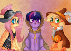 Size: 4900x3500 | Tagged: safe, artist:compassrose0425, character:applejack, character:clover the clever, character:fluttershy, character:twilight sparkle, species:earth pony, species:pegasus, species:pony, species:unicorn, episode:hearth's warming eve, g4, my little pony: friendship is magic, clothing, costume, female, mare, private pansy, smart cookie, trio