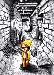 Size: 3486x4881 | Tagged: safe, artist:smellslikebeer, character:applejack, oc, coming at you, crosshatch, denial, eyes closed, filly, ink, manehattan, mouth hold, partial color, scared, traditional art
