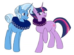Size: 1024x768 | Tagged: safe, artist:thr3eguess3s, character:trixie, character:twilight sparkle, character:twilight sparkle (unicorn), species:pony, species:unicorn, ship:twixie, alternate hairstyle, clothing, collar, elizabethan, female, lesbian, ruff (clothing), shipping, simple background