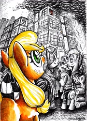 Size: 3512x4880 | Tagged: safe, artist:smellslikebeer, character:applejack, oc, black and white, crosshatch, crowd, filly, fire, grayscale, ink, looking up, manehattan, monochrome, partial color, sad, traditional art, younger