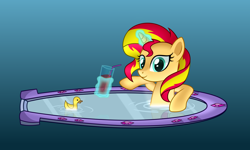 Size: 5248x3145 | Tagged: safe, artist:mirrorcrescent, character:sunset shimmer, species:pony, my little pony:equestria girls, bath, drink, female, glowing horn, levitation, magic, mirror, portal, rubber duck, smiling, solo, straw, sunset shimmer day, telekinesis, water