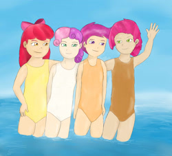 Size: 2640x2400 | Tagged: safe, artist:zekromlover, character:apple bloom, character:babs seed, character:scootaloo, character:sweetie belle, beach, clothing, cutie mark crusaders, humanized, one-piece swimsuit, swimsuit