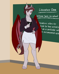 Size: 1600x2000 | Tagged: safe, artist:firefall-mlp, oc, oc only, oc:scarlet quill, species:anthro, species:bat pony, species:pony, species:unguligrade anthro, anthro oc, art trade, bat pony oc, bat wings, chalk, chalkboard, clothing, fangs, female, frown, hair bun, hand on hip, mare, milf, shorts, slit eyes, solo, teacher, wings