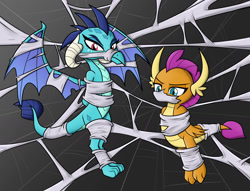 Size: 1700x1300 | Tagged: safe, artist:nivek15, character:princess ember, character:smolder, species:dragon, arm behind back, dragoness, duo, female, gag, hands behind back, spider web, tied up