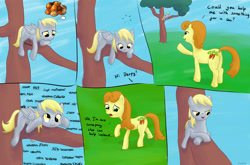Size: 1593x1049 | Tagged: safe, artist:hoppip, artist:pyritie, character:carrot top, character:derpy hooves, character:golden harvest, species:earth pony, species:pegasus, species:pony, bedroom eyes, c:, captcha, comic, duo, female, frown, hungry, mare, open mouth, prone, smiling, stomach noise, tree, wat