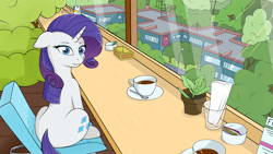 Size: 1920x1080 | Tagged: safe, artist:kirr12, character:rarity, species:pony, species:unicorn, breakfast, building, chair, cup, female, food, looking at you, looking back, looking back at you, mare, menu, potted plant, solo, table, tea, teacup, tree, window