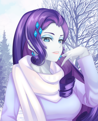 Size: 1800x2224 | Tagged: safe, artist:gyuumu, character:rarity, species:eqg human, g4, my little pony:equestria girls, clothing, colored eyebrows, eyebrows, female, looking at you, purple, scarf, snow, solo, three quarter view, white, winter
