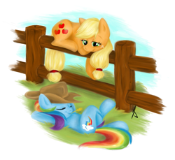 Size: 815x747 | Tagged: safe, artist:littletiger488, character:applejack, character:rainbow dash, species:earth pony, species:pegasus, species:pony, ship:appledash, accessory swap, female, fence, lesbian, mare, on back, prone, resting, shipping, smiling