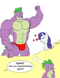 Size: 638x825 | Tagged: safe, artist:caseyljones, character:rarity, character:spike, ship:sparity, beefspike, clothing, female, heart, male, muscles, overdeveloped muscles, shipping, speedo, straight, topless