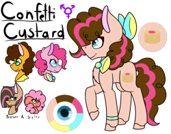 Size: 1400x1100 | Tagged: safe, artist:king-justin, character:cheese sandwich, character:pinkie pie, oc, oc:confetti custard, parent:cheese sandwich, parent:pinkie pie, parents:cheesepie, species:pony, ship:cheesepie, bow, bow tie, female, hair bow, male, next generation, offspring, reference sheet, shipping, simple background, stallion, straight, trans male, transgender, transparent background