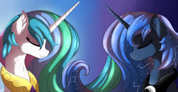 Size: 4000x2080 | Tagged: safe, artist:orangejuicerus, character:princess celestia, character:princess luna, species:pony, day, duo, eyes closed, facing each other, female, mare, night, royal sisters