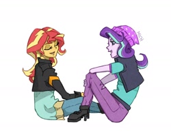 Size: 1752x1416 | Tagged: safe, artist:ilacavgbmjc, character:starlight glimmer, character:sunset shimmer, species:human, my little pony:equestria girls, beanie, clothing, duo, female, hat, sitting, talking