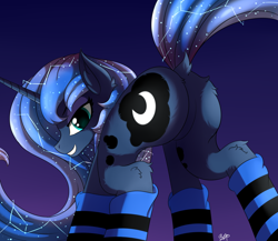 Size: 3000x2600 | Tagged: safe, artist:orangejuicerus, character:princess luna, species:alicorn, species:pony, butt fluff, clothing, constellation, dock, dock fluff, ear fluff, ethereal mane, featureless crotch, female, fluffy, galaxy mane, gradient background, grin, leg fluff, looking at you, looking back, looking back at you, mare, moonbutt, plot, signature, smiling, socks, solo, striped socks