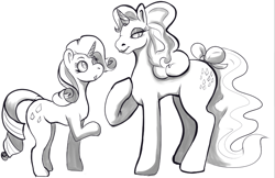 Size: 1314x850 | Tagged: safe, artist:radicalweegee, derpibooru original, character:rarity, character:sparkler (g1), species:pony, species:unicorn, 35th anniversary, bow, eyeshadow, female, grayscale, heart eyes, lidded eyes, lipstick, looking at each other, makeup, mare, monochrome, raised hoof, simple background, tail bow, white background, wingding eyes