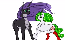 Size: 2560x1592 | Tagged: safe, artist:luna dave, oc, oc only, oc:mystery (kirin), oc:white night, species:earth pony, species:kirin, species:pony, brotherhood of nod, female, long mane, looking at each other, red socks, rule 63, simple background, white background