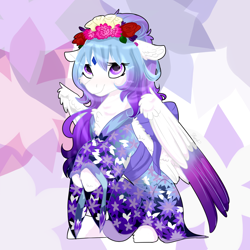 Size: 1500x1500 | Tagged: safe, artist:royalwolf1111, oc, oc only, oc:cosmic harmony, oc:melody shard, species:pegasus, species:pony, chest fluff, clothing, colored wings, cute, ear fluff, female, floppy ears, floral head wreath, flower, fluffy, gem, gradient hair, gradient wings, kimono (clothing), mare, solo, weapons-grade cute