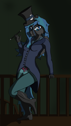 Size: 4320x7680 | Tagged: safe, artist:littlepony115, oc, oc only, oc:solar eclipse, species:anthro, species:pegasus, species:pony, absurd resolution, anthro oc, bow, cheek fluff, clothing, female, hat, leggings, magician, magician outfit, mare, messy mane, solo, thief, top hat, vampire, wand