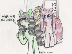 Size: 3360x2520 | Tagged: safe, artist:fascismnotincluded, character:fluttershy, character:pinkamena diane pie, character:pinkie pie, oc, oc:sour, species:earth pony, species:pony, beanie, clothing, female, hat, mare, traditional art