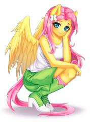 Size: 2480x3507 | Tagged: safe, artist:gyuumu, character:fluttershy, species:anthro, species:pegasus, species:plantigrade anthro, species:pony, clothing, equestria girls outfit, female, looking at you, mare, simple background, skirt, solo, tank top, transparent background, watermark