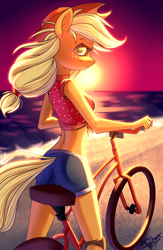 Size: 1750x2679 | Tagged: safe, artist:pellsya, character:applejack, species:anthro, backlighting, beach, beautiful, bicycle, clothing, female, freckles, looking at you, looking back, looking back at you, midriff, sand, shirt, shorts, solo, sun, sunset, water, ych result