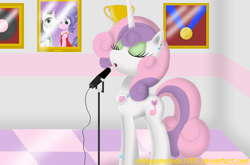 Size: 3486x2307 | Tagged: safe, artist:pajama-ham, character:cookie crumbles, character:hondo flanks, character:sweetie belle, species:pony, species:unicorn, ship:cookieflanks, adult, alternate cutie mark, award, ear piercing, female, high res, mare, microphone, older, piercing, shipping, singing, solo