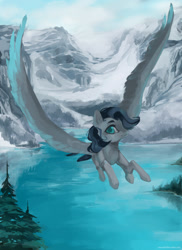Size: 1280x1760 | Tagged: dead source, safe, artist:aoiyui, oc, oc only, species:pegasus, species:pony, flying, forest, lake, mountain, mountain range, scenery, solo