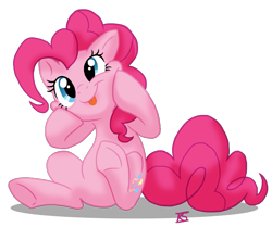 Size: 899x795 | Tagged: safe, artist:glamourkat, character:pinkie pie, species:earth pony, species:pony, cheek squish, cross-eyed, cute, diapinkes, female, floppy ears, mare, silly, silly pony, simple background, sitting, solo, squishy cheeks, tongue out, transparent background, underhoof