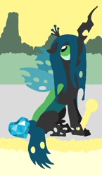 Size: 825x1425 | Tagged: safe, artist:poisonedpirate, character:queen chrysalis, species:changeling, species:pony, changeling queen, female, floppy ears, hooves, horn, lineless, mare, sitting, solo, tarot, tarot card, wings