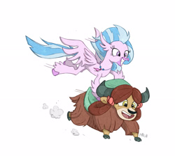 Size: 2304x2092 | Tagged: safe, artist:ilacavgbmjc, character:silverstream, character:yona, species:classical hippogriff, species:hippogriff, species:yak, bow, carrying, cloven hooves, cute, diastreamies, duo, female, flying, hair bow, happy, monkey swings, quadrupedal, signature, simple background, smiling, white background, yonadorable