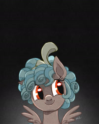Size: 1528x1896 | Tagged: safe, artist:ilacavgbmjc, character:cozy glow, species:pegasus, species:pony, adoracreepy, bust, cozybetes, creepy, cute, dark background, female, filly, freckles, portrait, pure concentrated unfiltered evil of the utmost potency, pure unfiltered evil, signature, smiling, solo