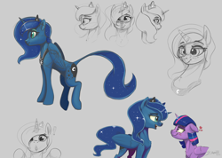 Size: 4500x3200 | Tagged: safe, artist:silverhopexiii, character:princess luna, character:twilight sparkle, character:twilight sparkle (alicorn), species:alicorn, species:pony, ship:twiluna, blushing, colored sketch, female, heart, leonine tail, lesbian, mare, shipping, simple background, traditional art