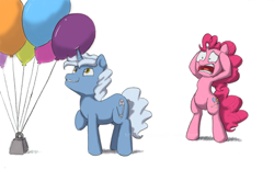 Size: 600x395 | Tagged: safe, artist:feujenny07, character:pinkie pie, character:pokey pierce, species:earth pony, species:pony, species:unicorn, balloon, balloon popping, bipedal, female, horrified, male, mare, pure unfiltered evil, raised hoof, simple background, stallion, this will end in tears, weight, white background