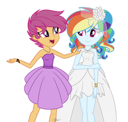 Size: 1024x973 | Tagged: safe, artist:misskitkat2002, character:rainbow dash, character:scootaloo, my little pony:equestria girls, bare shoulders, clothing, dress, ear piercing, earring, jewelry, lip piercing, lip ring, older, older rainbow dash, older scootaloo, piercing, rainbow dash always dresses in style, simple background, sleeveless, strapless, transparent background, wedding dress