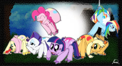 Size: 1024x558 | Tagged: dead source, safe, artist:ryuukiba, character:applejack, character:fluttershy, character:pinkie pie, character:rainbow dash, character:rarity, character:twilight sparkle, jumping spider, mane six, monster pony, original species, rarirachnid, species swap, spider, spiderpony, spiderponyrarity