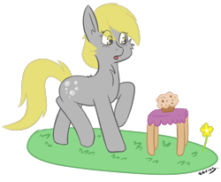 Size: 1030x846 | Tagged: safe, artist:exvius, character:derpy hooves, species:pony, cute, ditzy doo, female, flower, food, grass, muffin, solo, surprised, table