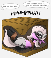Size: 1300x1500 | Tagged: safe, artist:nivek15, oc, oc:violet, species:pony, angry, arm behind back, bondage, bound and gagged, box tied, cape, cloth gag, clothing, crate, damsel in distress, dialogue, gag, hero, heroine, latex, leotard, muffled moaning, offscreen character, rope, rope bondage, simple background, tied up