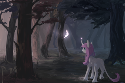 Size: 6000x4000 | Tagged: safe, artist:aoiyui, oc, oc only, oc:tarot, species:classical unicorn, species:pony, species:unicorn, absurd resolution, butterfly, cloven hooves, curved horn, detailed background, digital art, digital painting, ear piercing, female, floppy ears, forest, happy, horn, leonine tail, long mane, long tail, magic, mare, palomino, piercing, pink mane, signature, smiling, solo, tree, unshorn fetlocks, ych result