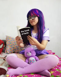 Size: 768x960 | Tagged: safe, artist:ribbonbell, character:twilight sparkle, species:human, bed, book, caption, care bears, clothing, cosplay, costume, irl, irl human, long socks, photo, sailor uniform, share bear, socks, thigh highs, uniform