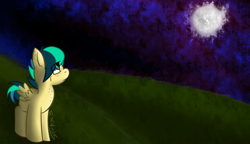 Size: 1708x984 | Tagged: safe, artist:exvius, oc, oc only, oc:apogee, species:pegasus, species:pony, cute, ear freckles, female, filly, freckles, grass, hill, looking up, moon, moonlight, night, night sky, sky, solo, space