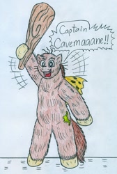 Size: 857x1274 | Tagged: safe, artist:jose-ramiro, species:pony, captain caveman, club, dialogue, male, ponified, solo, traditional art