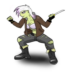 Size: 821x887 | Tagged: safe, artist:jarntazecht, character:gilda, species:human, bare knuckle, beano, clothing, crossover, dog tags, female, humanized, jack, knife, midriff, solo, soya, streets of rage, torn clothes