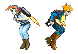 Size: 1289x903 | Tagged: safe, artist:jarntazecht, character:rainbow dash, character:spitfire, species:human, bare knuckle, crossover, duo, duo female, female, goggles, humanized, jet, jetpack, simple background, streets of rage, white background