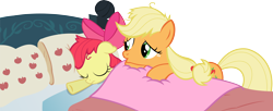 Size: 6048x2466 | Tagged: safe, artist:sunran80, character:apple bloom, character:applejack, species:earth pony, species:pony, episode:apple family reunion, g4, my little pony: friendship is magic, bed, butt touch, eyes closed, female, filly, hoof on butt, mare, pillow, simple background, transparent background, vector