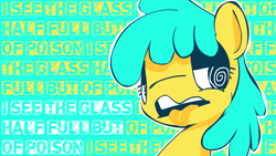 Size: 1920x1080 | Tagged: safe, artist:hackd, character:berry punch, character:berryshine, capitalism, essay in description, female, limited palette, pessimism, pessimist, sick, solo, swirly eyes, tongue out