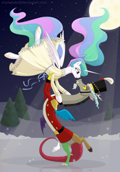 Size: 1200x1725 | Tagged: safe, artist:shadobabe, character:discord, character:princess celestia, species:alicorn, species:draconequus, species:pony, ship:dislestia, clothing, dancing, dress, eye contact, female, looking at each other, male, mare, night, pas de deux, shipping, straight, the nutcracker
