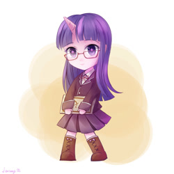 Size: 2000x2000 | Tagged: safe, artist:jeremywithlove, character:twilight sparkle, species:human, book, boots, clothing, cute, cutie mark eyes, female, glasses, horned humanization, humanized, meganekko, nerd, pleated skirt, shoes, simple background, skirt, smiling, solo, twiabetes, uniform, white background, wingding eyes