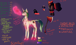Size: 8194x4857 | Tagged: safe, artist:shirofluff, oc, oc only, oc:scorcher, species:pony, species:unicorn, fallout equestria, absurd resolution, canterlot ghoul, cyborg, ghoul, glowing hooves, pink cloud (fo:e), reference sheet, solo